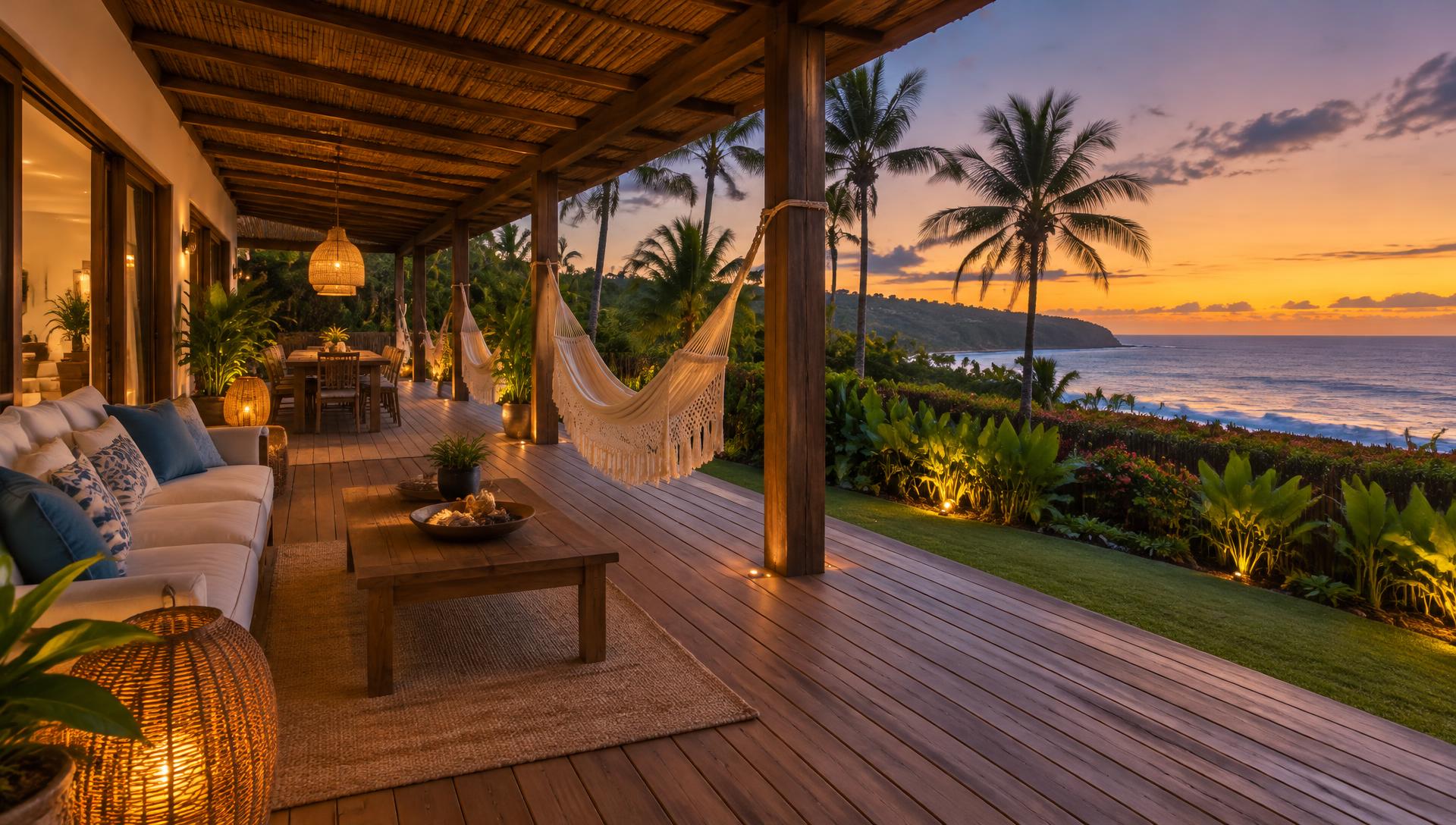 Varanda com redes e vista para o mar ao entardecer