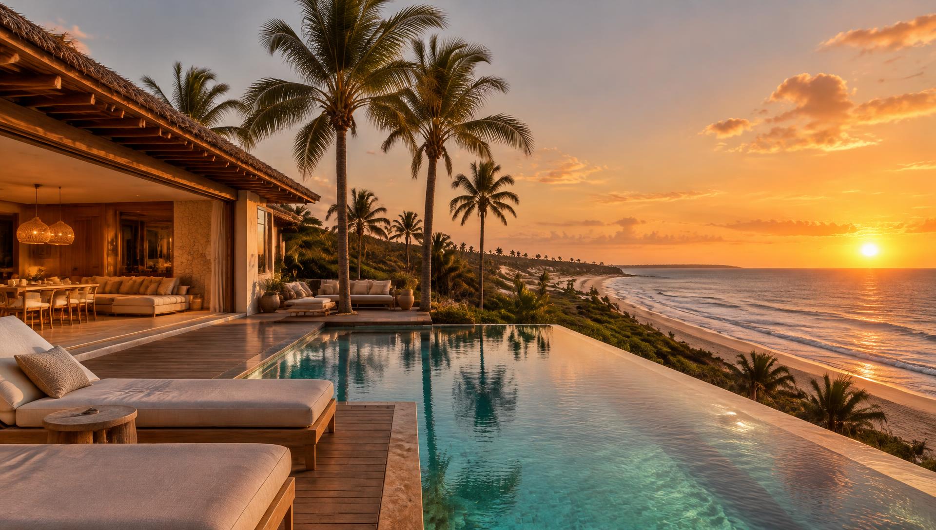 Casa de praia com piscina ao pôr do sol